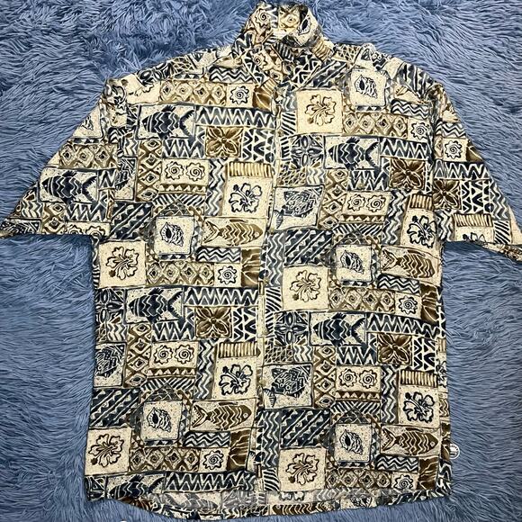 VINTAGE Sea Fish Shell AOP Button Up Shirt Size Large Mens Outdoor Pierre Cardin - Picture 1 of 9